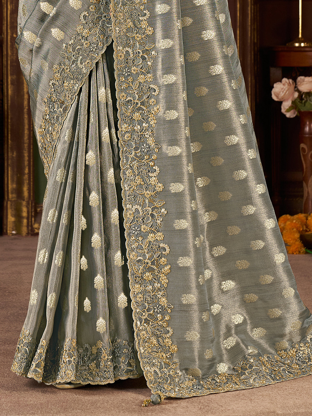 Grey soft silk embroidered work festive saree