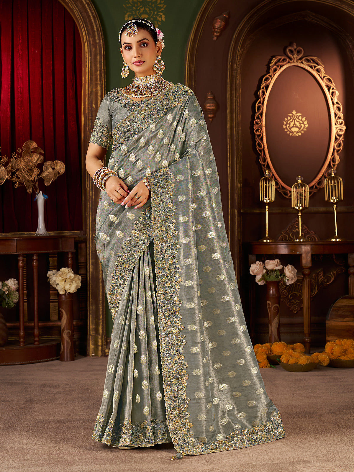 Grey soft silk embroidered work festive saree