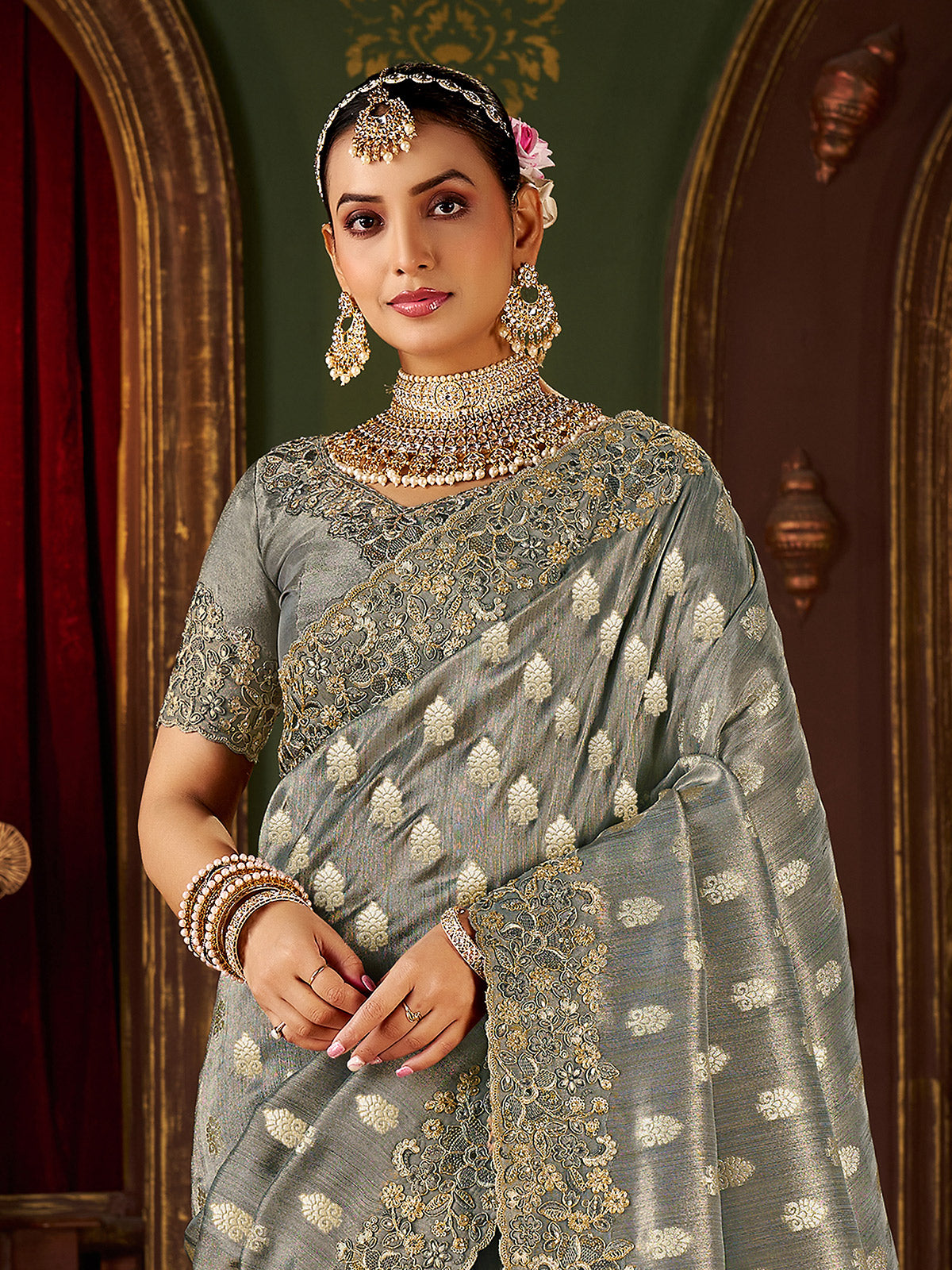Grey soft silk embroidered work festive saree