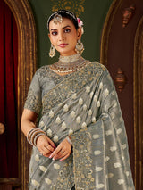 Grey soft silk embroidered work festive saree
