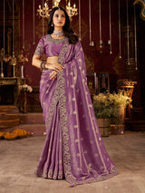Purple soft silk embroidered work festive wear saree