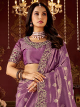 Purple soft silk embroidered work festive wear saree