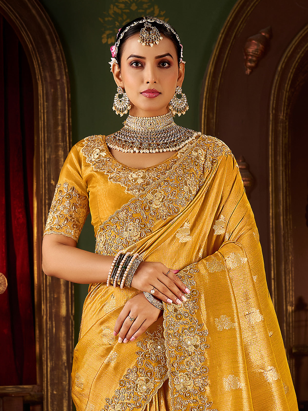 Mustard yellow soft silk embroidered work saree
