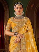 Mustard yellow soft silk embroidered work saree