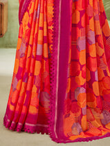 Pink geometric printed georgette saree