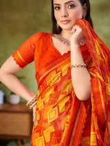 Orange geometric printed georgette saree