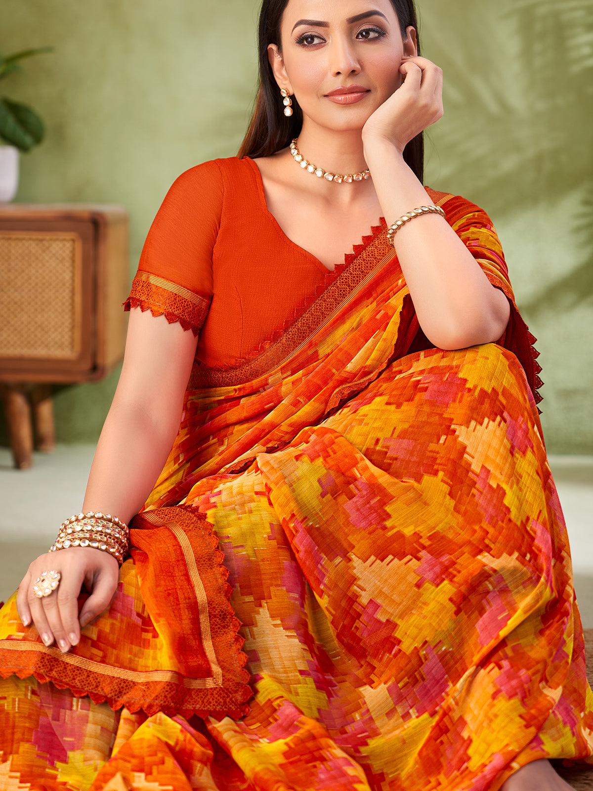 Orange classic geometric georgette saree