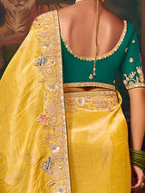 Mustard yellow silk embroidered festive saree