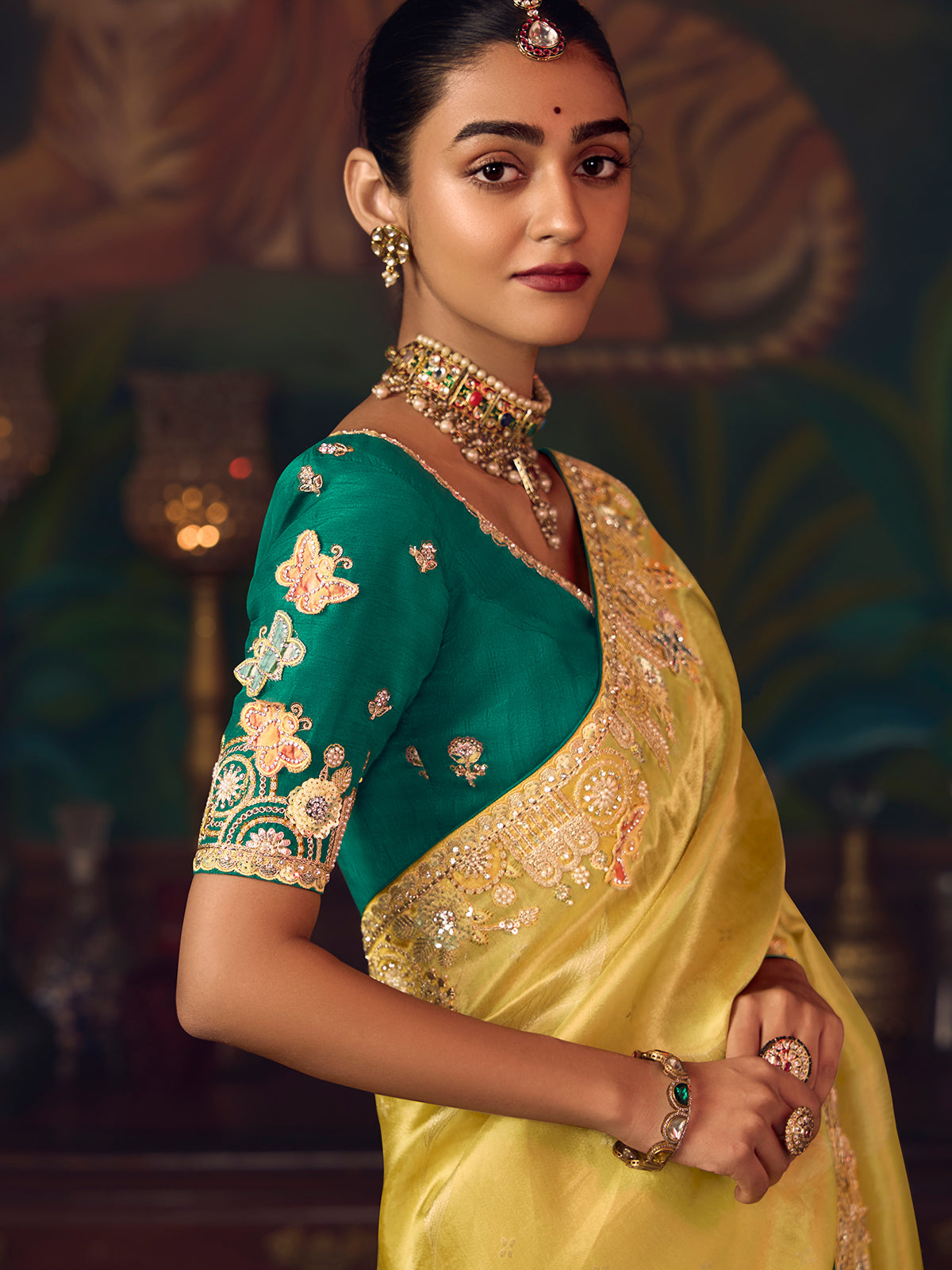 Mustard yellow silk embroidered festive saree