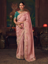 Onion pink silk embroidered festive saree