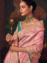 Onion pink silk embroidered festive saree