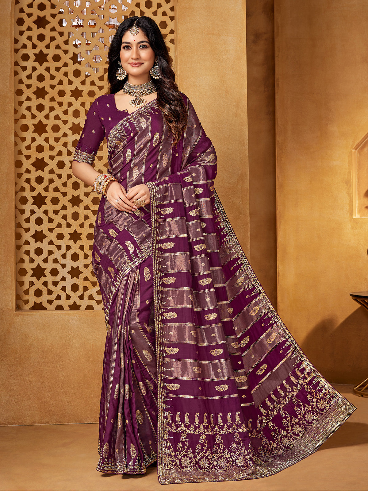 Purple viscose embellished festive saree