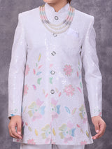 Minimal white silk festive boys indowestern
