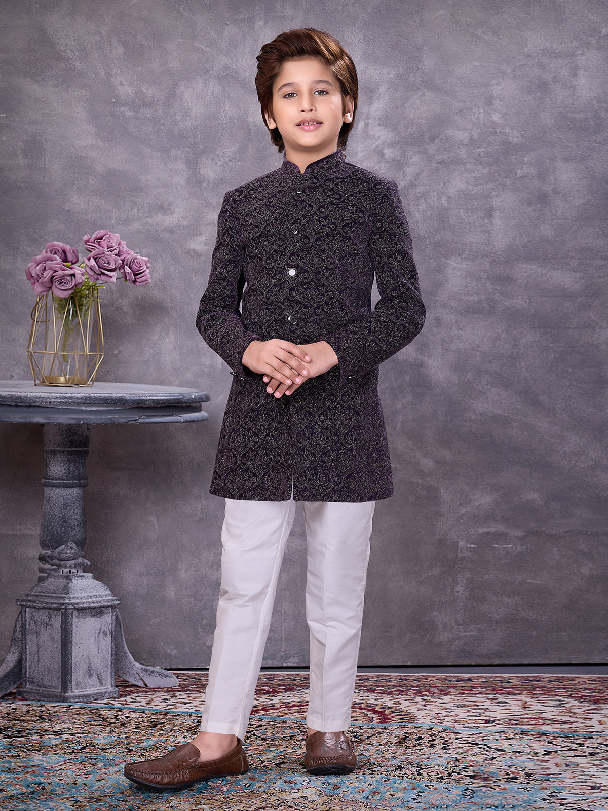 Velvet purple embroidered royal boys indowestern