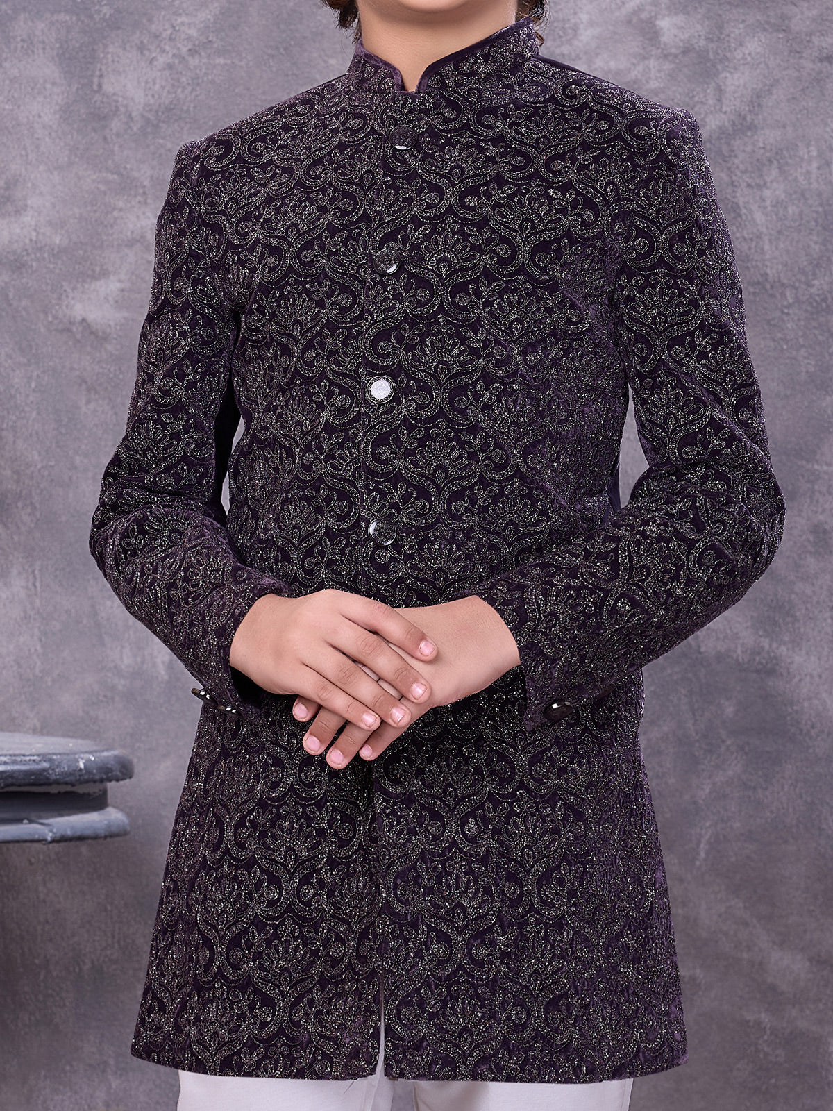 Velvet purple embroidered royal boys indowestern