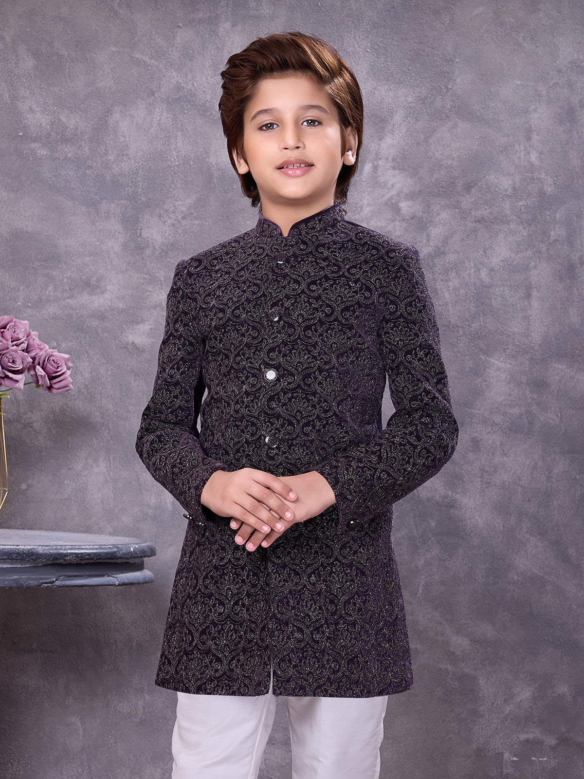 Velvet purple embroidered royal boys indowestern