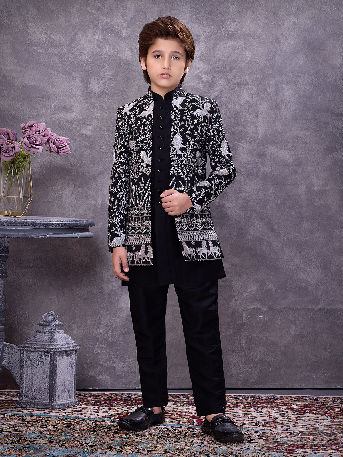 Bold black jacquard jacketed ethnic ensemble