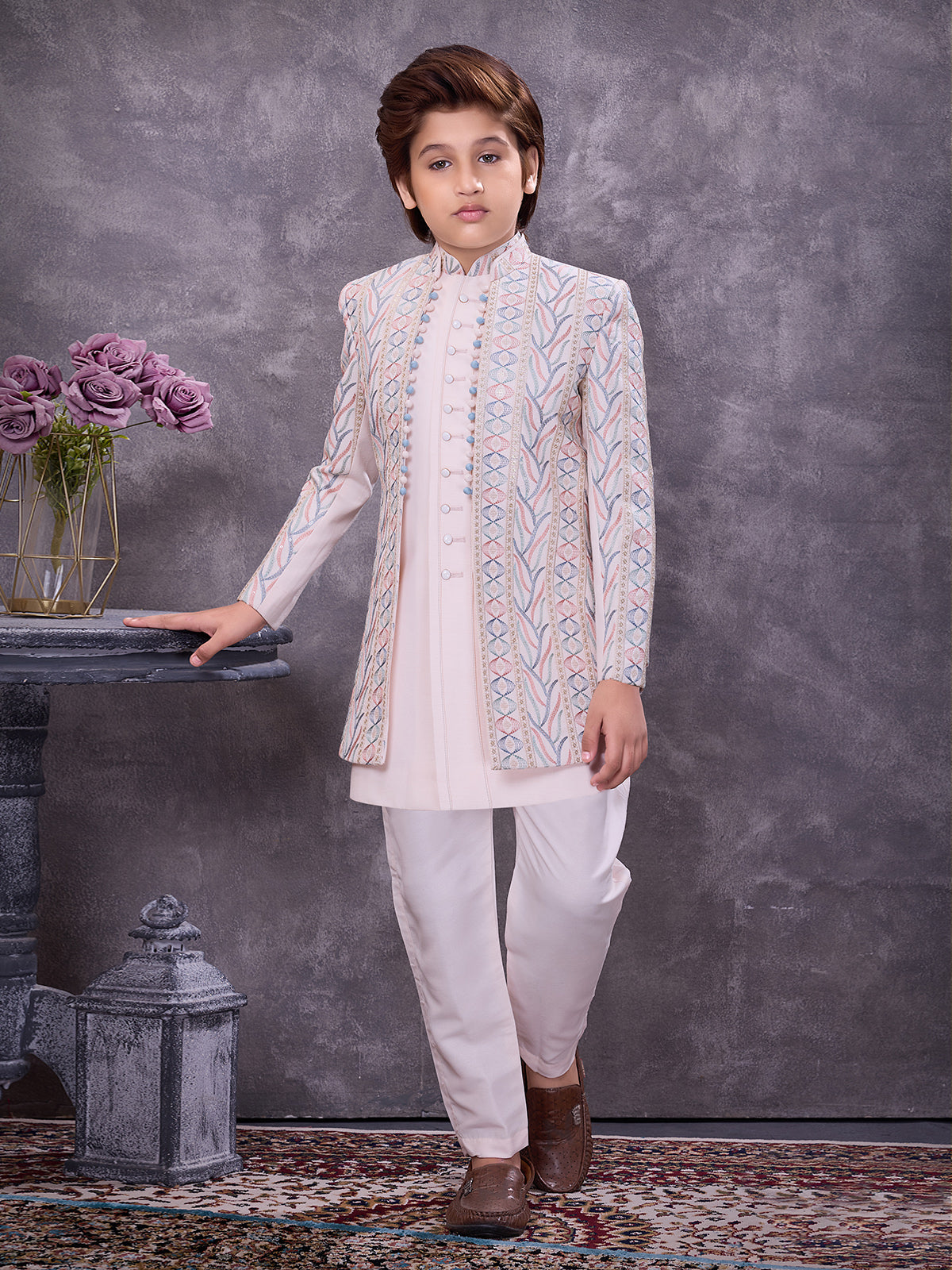 Soft pink jacquard ornate jacket indowestern