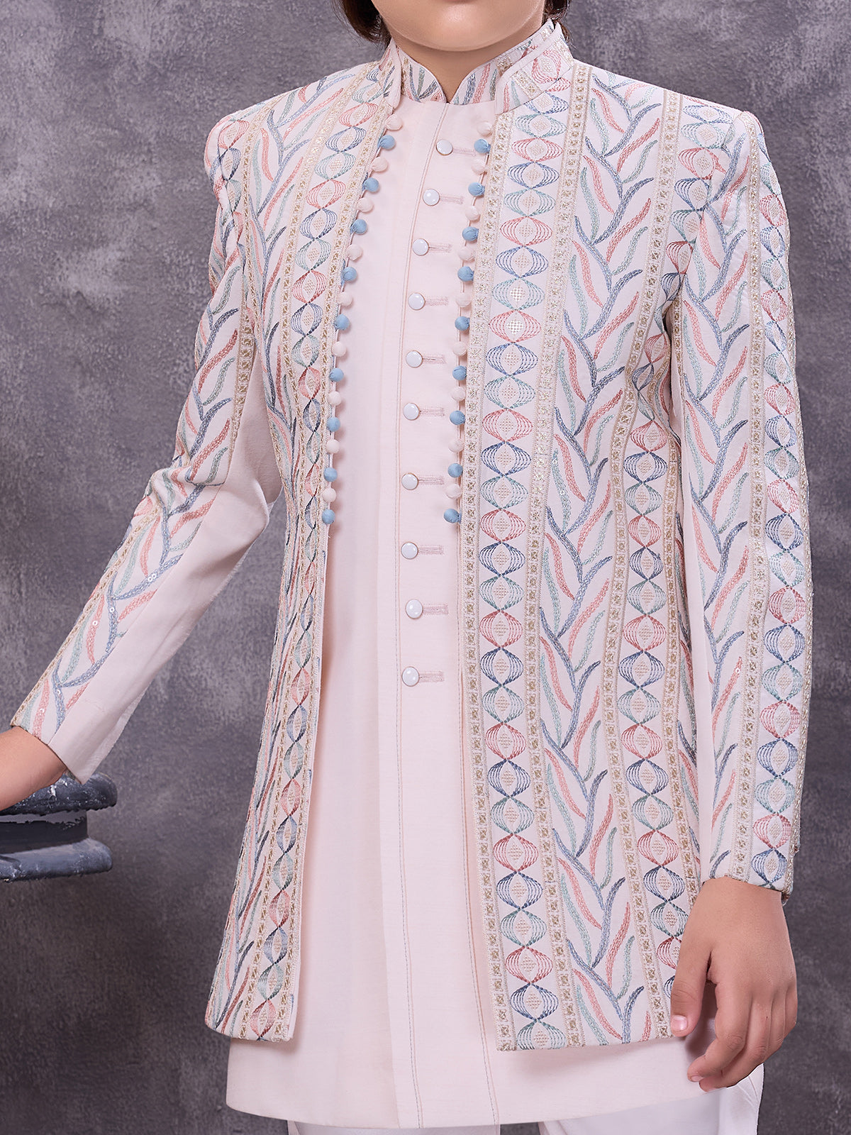 Soft pink jacquard ornate jacket indowestern