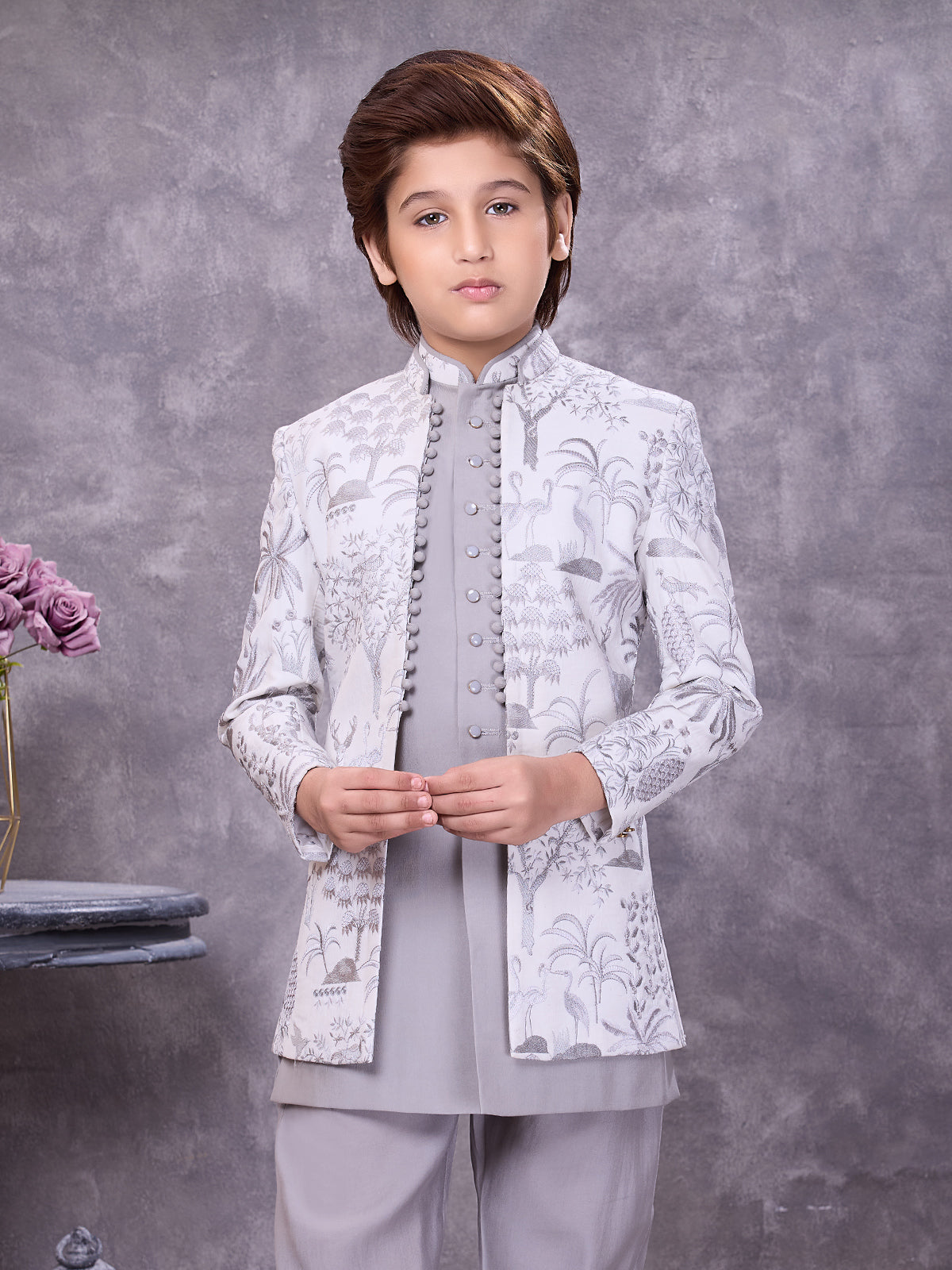 Sophisticated grey jacquard embellished indowestern