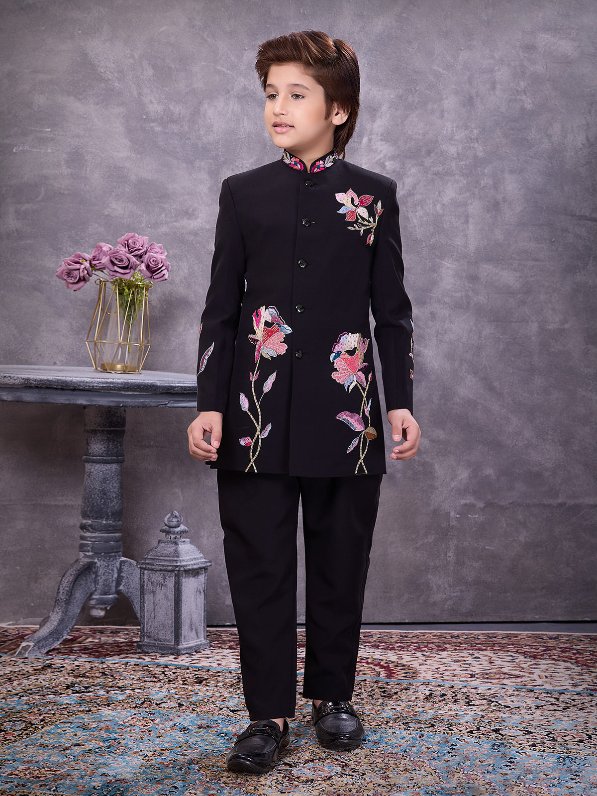 Statement black jacquard stone detailed indowestern
