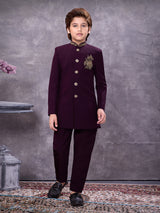Wine jacquard heavily adorned festive indowestern