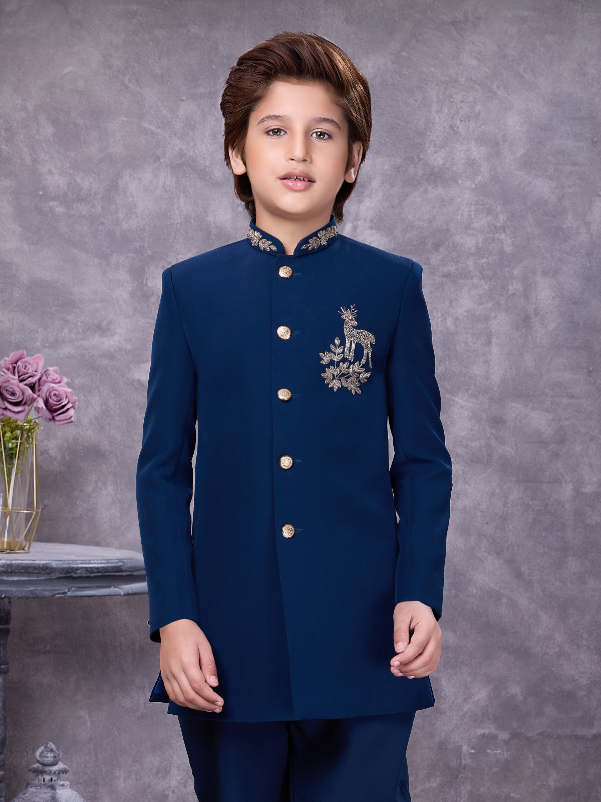 Blue jacquard ornate zardosi boys indowestern