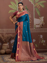 Peacock blue tussar silk zari handloom saree
