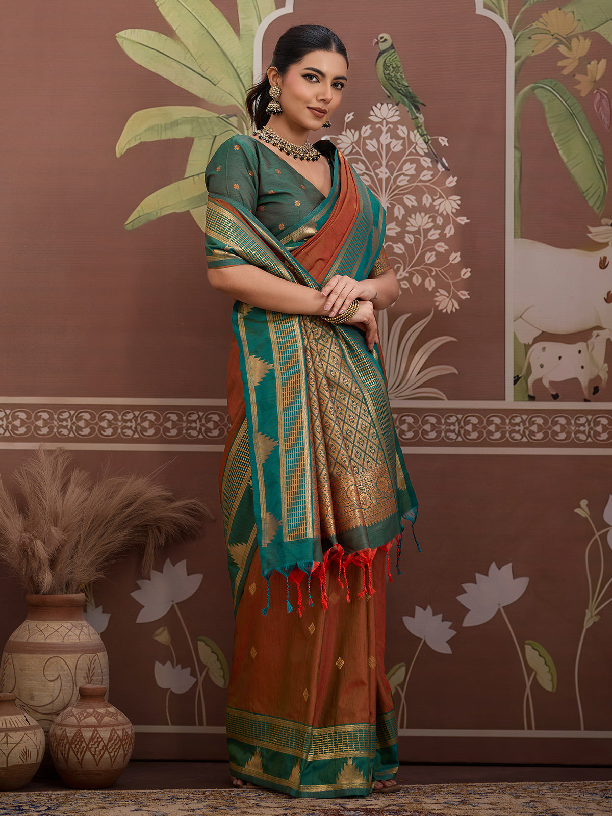 Rust brown tussar silk zari handloom saree