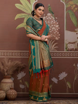 Rust brown tussar silk zari handloom saree