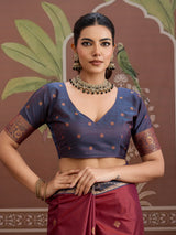 Maroon tussar silk saree with zari weaving
