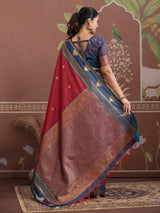 Maroon tussar silk saree with zari weaving