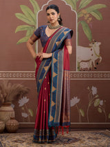 Maroon tussar silk saree with zari weaving