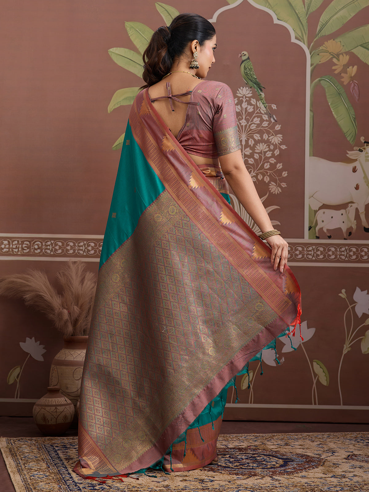 Aqua blue tussar silk handloom zari saree