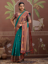 Aqua blue tussar silk handloom zari saree