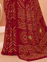 Maroon bandhani printed chiffon saree