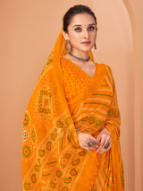 Mustard yellow bandhani chiffon saree for women