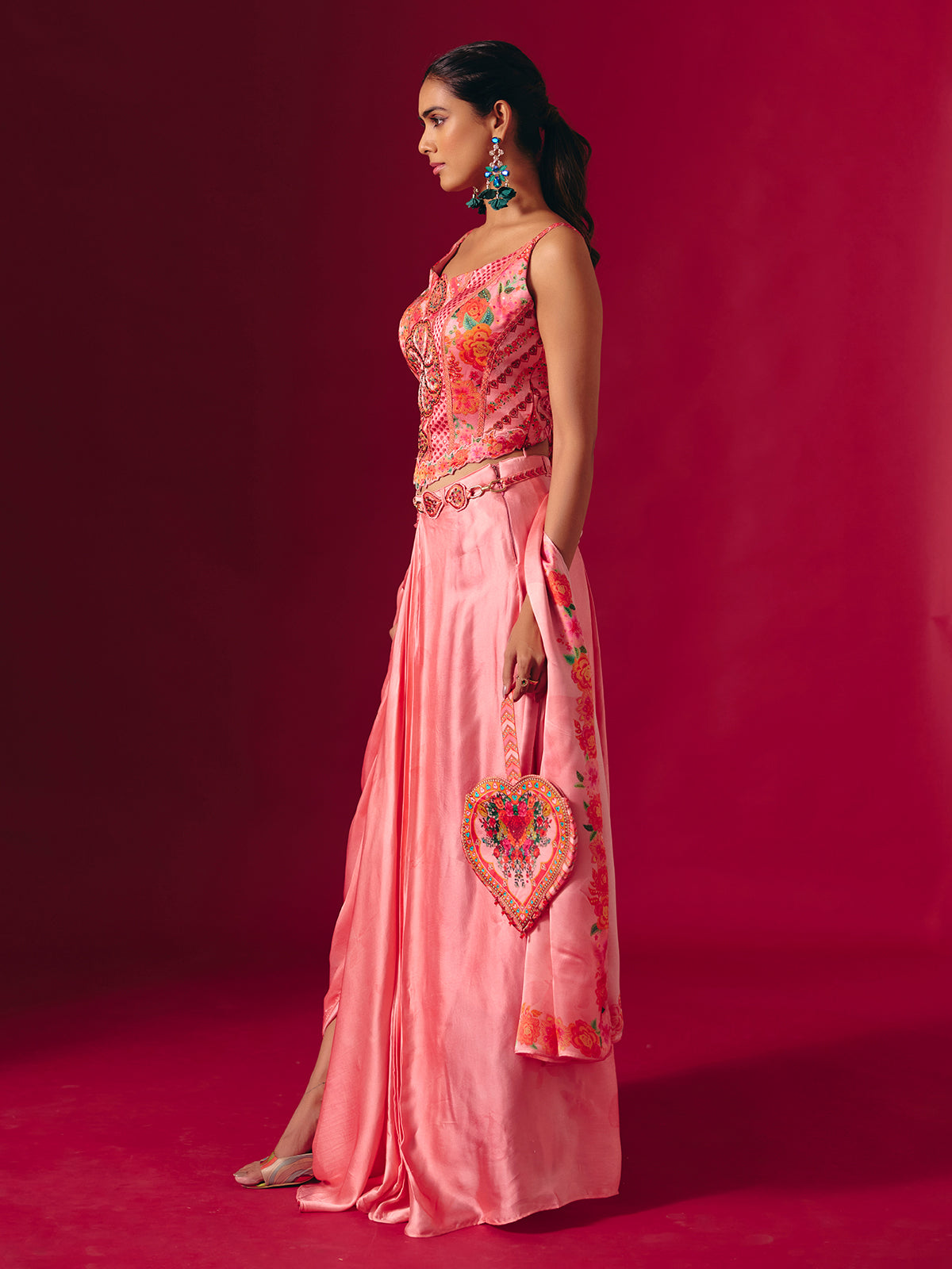 Pink satin silk indo western partywear suit for women