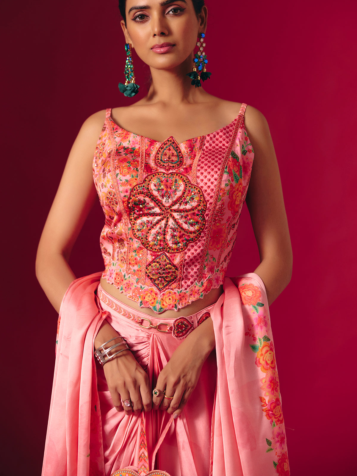 Pink satin silk indo western partywear suit for women