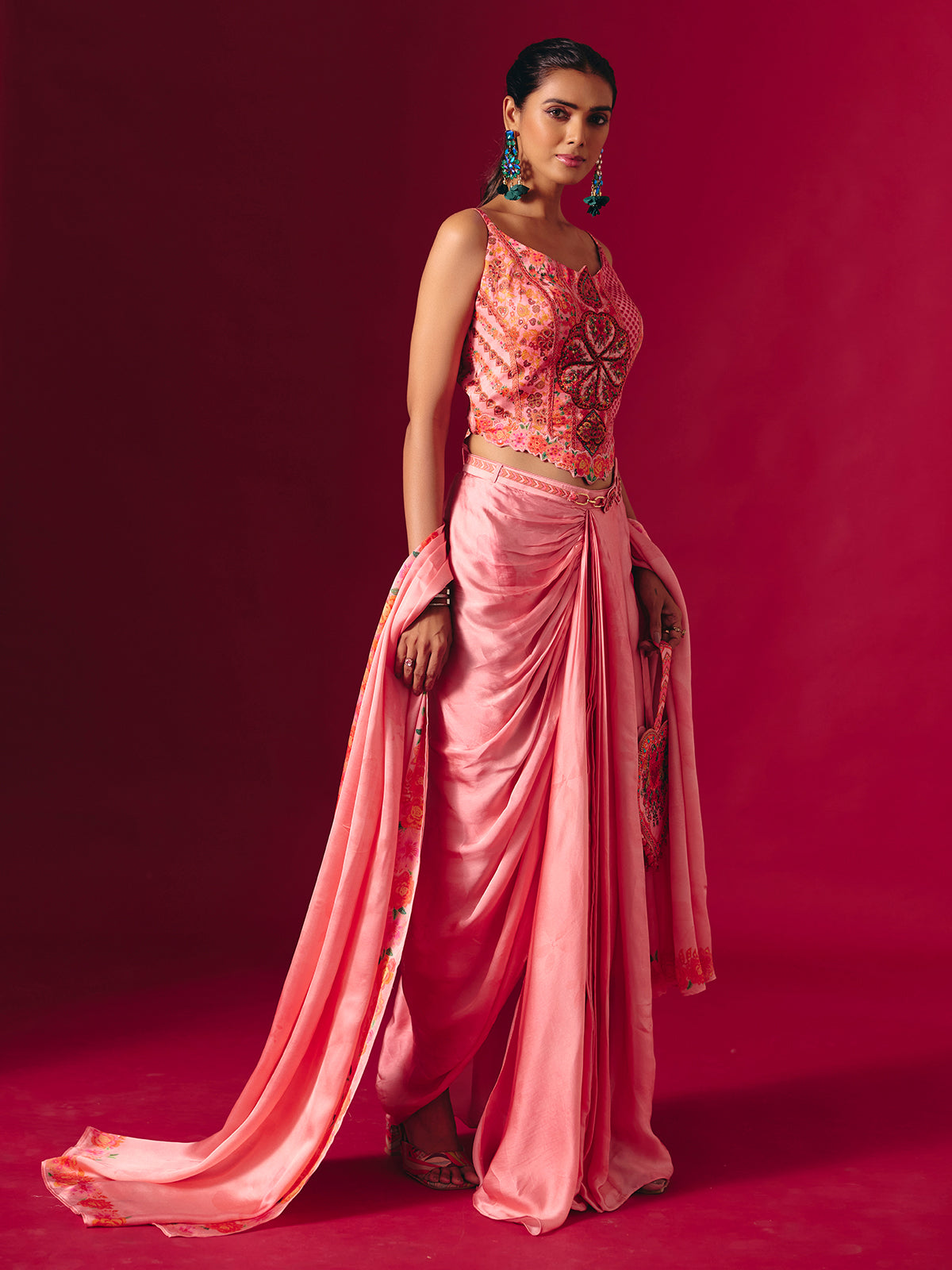 Pink satin silk indo western partywear suit for women