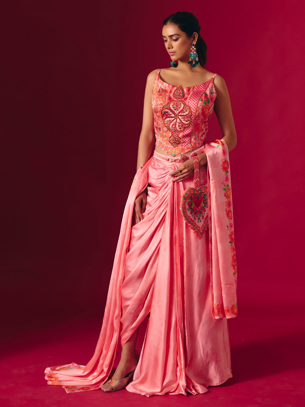 Pink satin silk indo western partywear suit for women