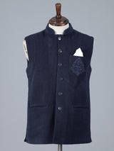 Navy blue woolen waistcoat with zardosi on pocket