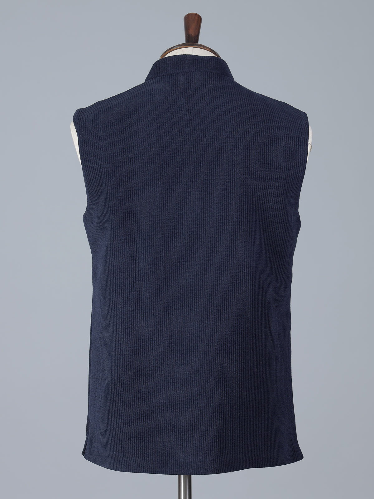 Navy blue woolen waistcoat with zardosi on pocket