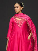 Magenta resham work silk kurti set