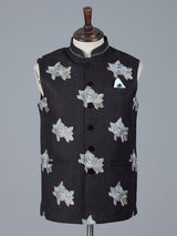 Black cotton waistcoat with embroidered detail