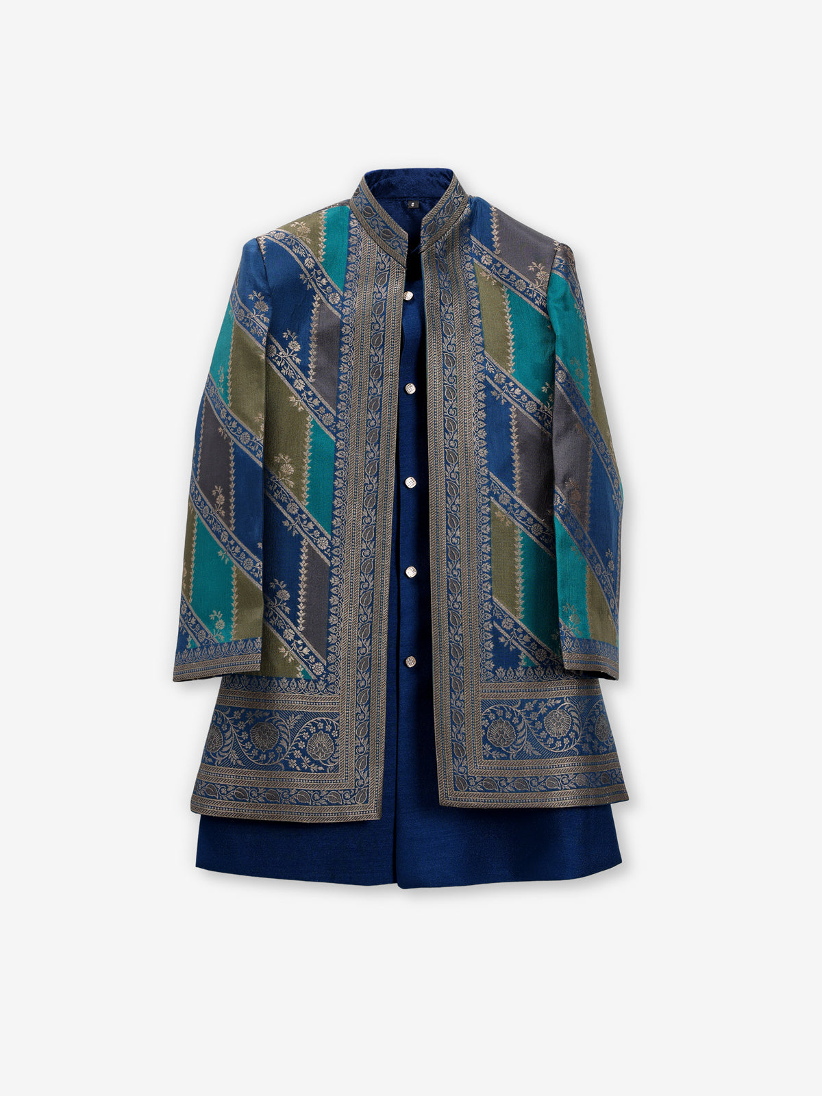 Rama blue silk boys indowestern for jacket style