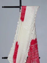 Cream red bandhej printed festive wear saree