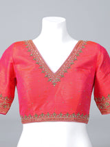 Orange raw silk zardosi embellished V neck blouse