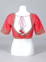 Orange raw silk zardosi embellished V neck blouse