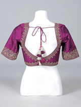 Purple raw silk embellished V neck blouse